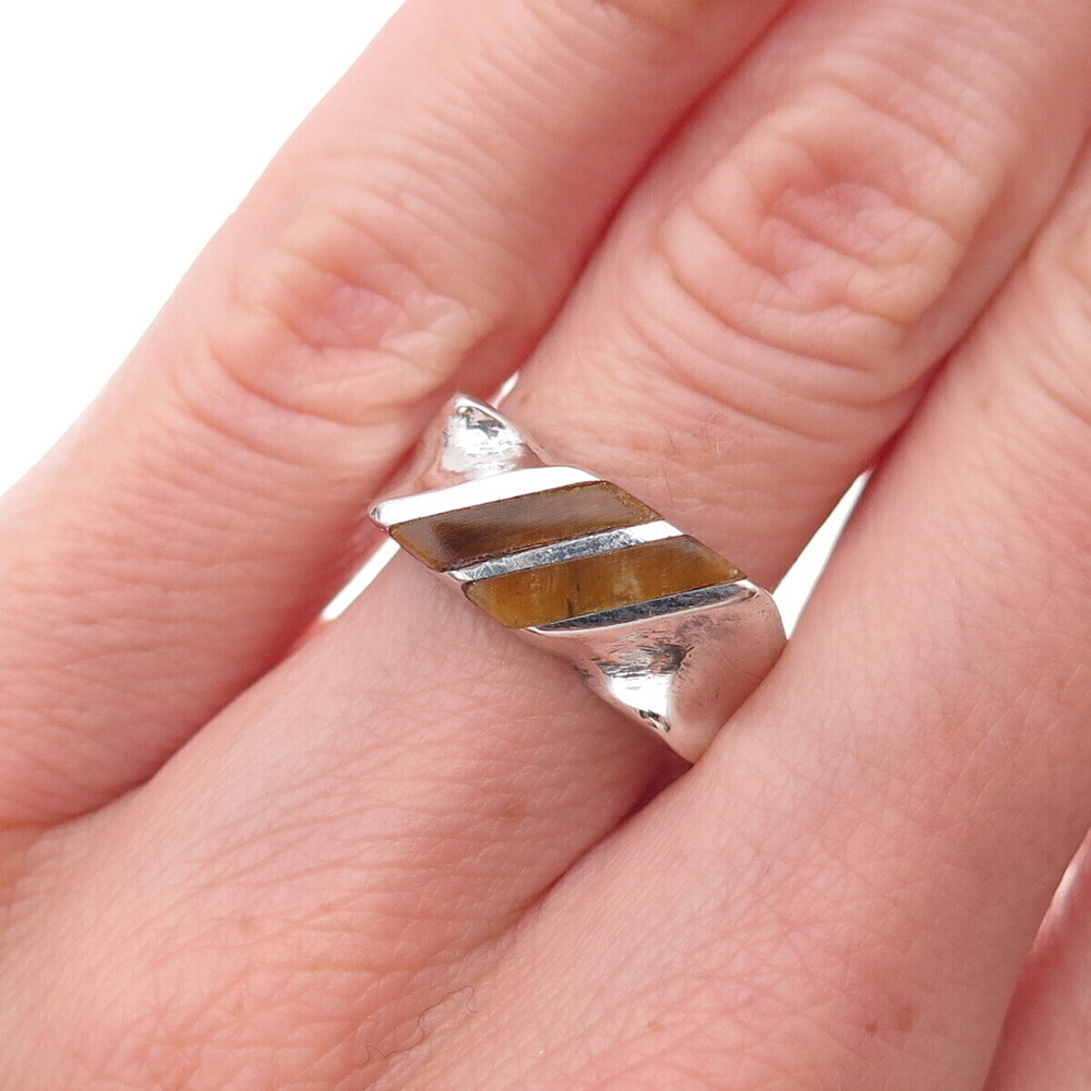 925 Sterling Silver Vintage Mexico Real Tiger Eye Modernist Oxidized Ring Size 6